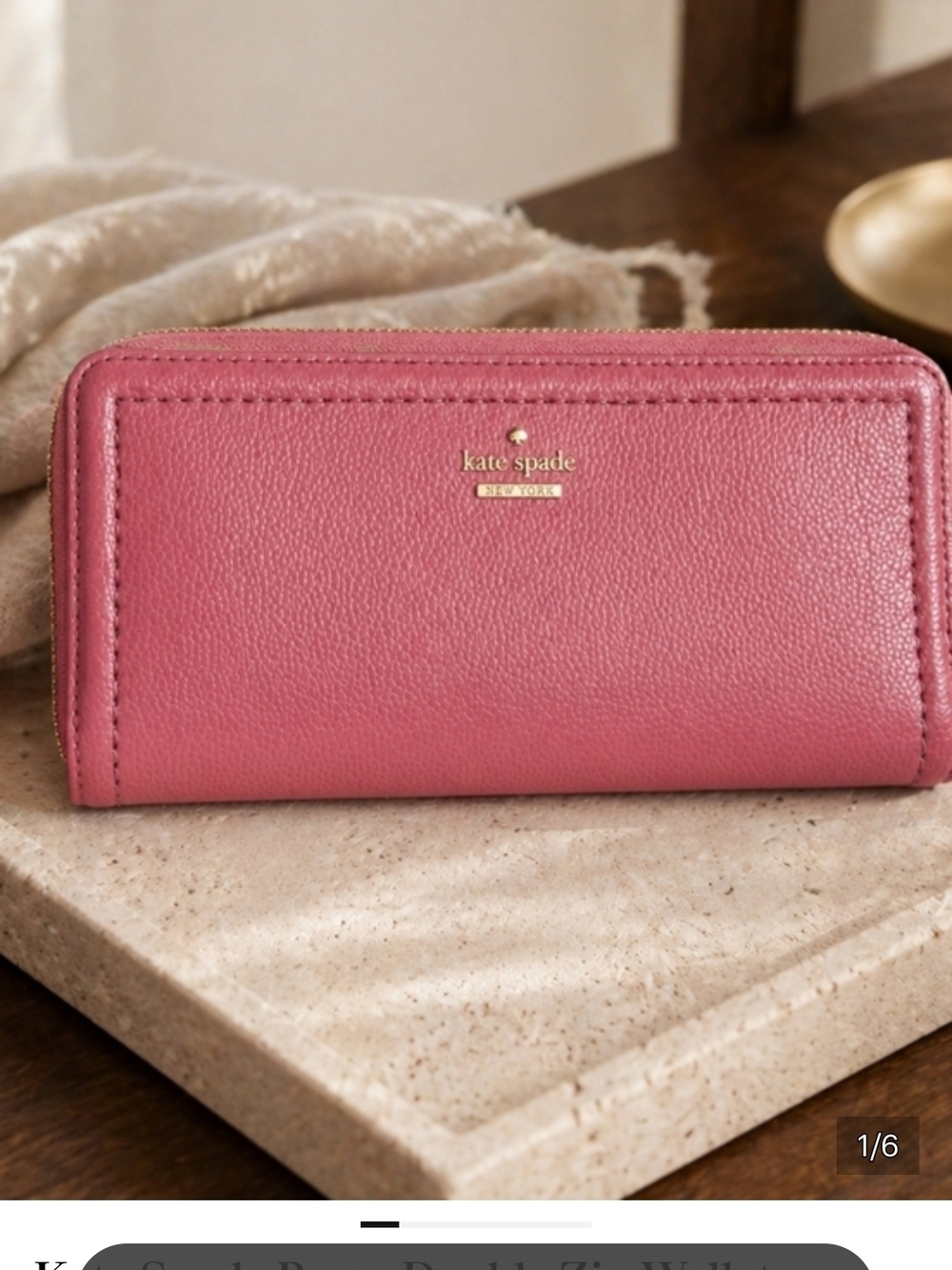 kate spade Pink Pebbled Leather Zip Wallet with Gold Logo